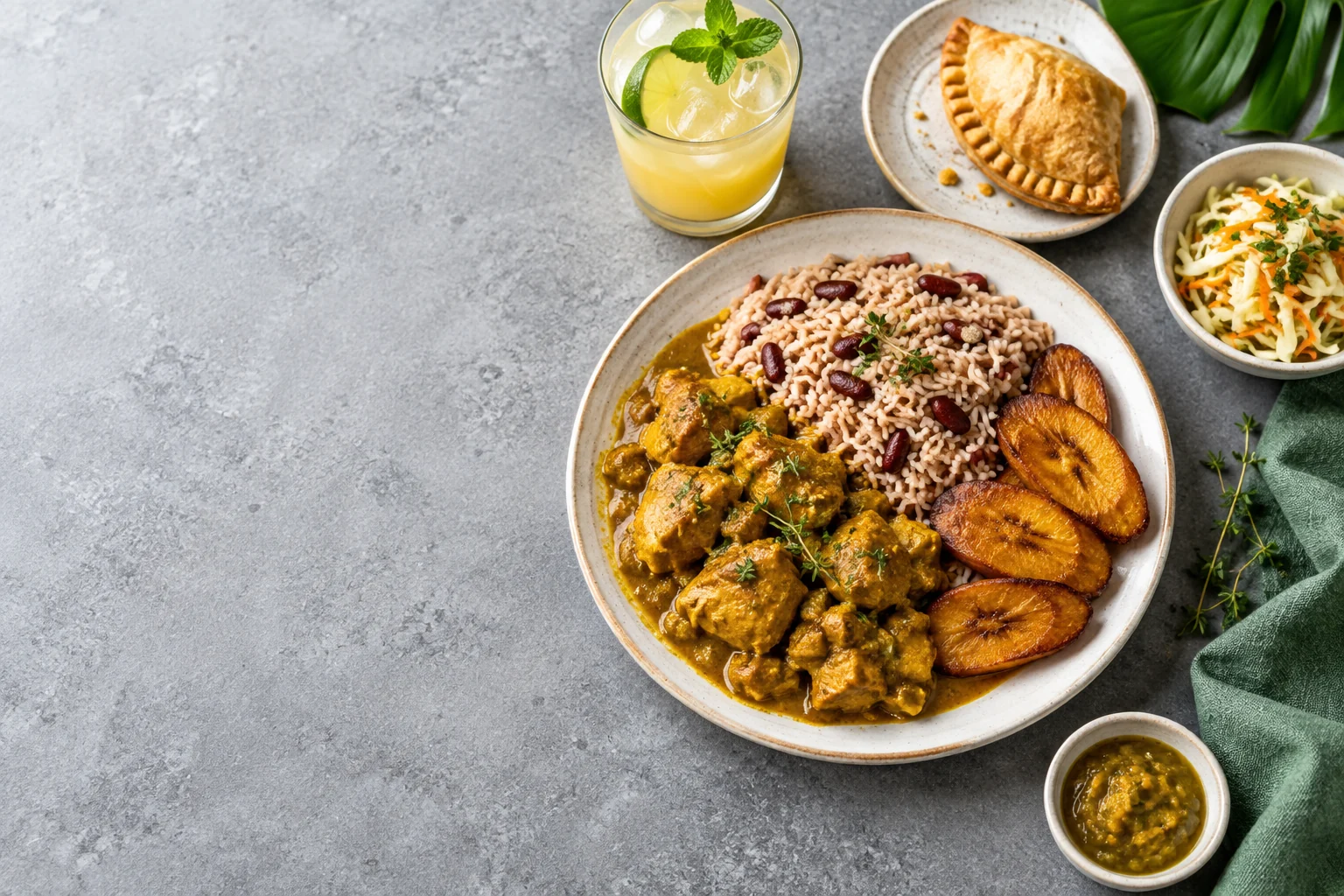 Illustrative Caribbean bakery and restaurant still life with curry, plantain and white plates; not the merchant exact dishes, kitchen or current menu.